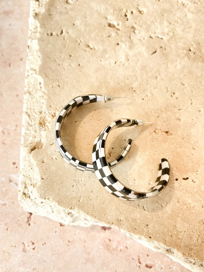 LUSTRE & SAGE: Checkered Black & White Hoop - Earrings