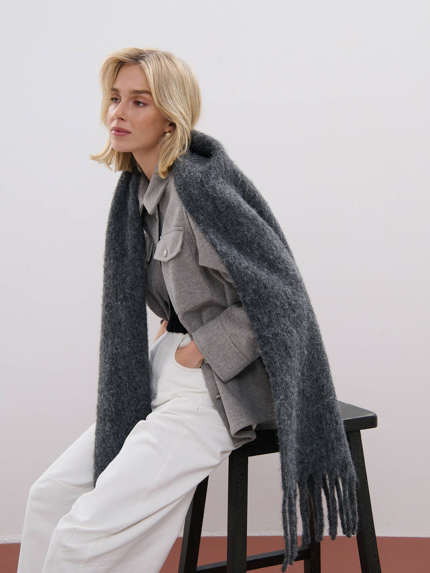 ANGELS WHISPER : Betty Wool Plain Winter Fluffy Scarf - Charcoal