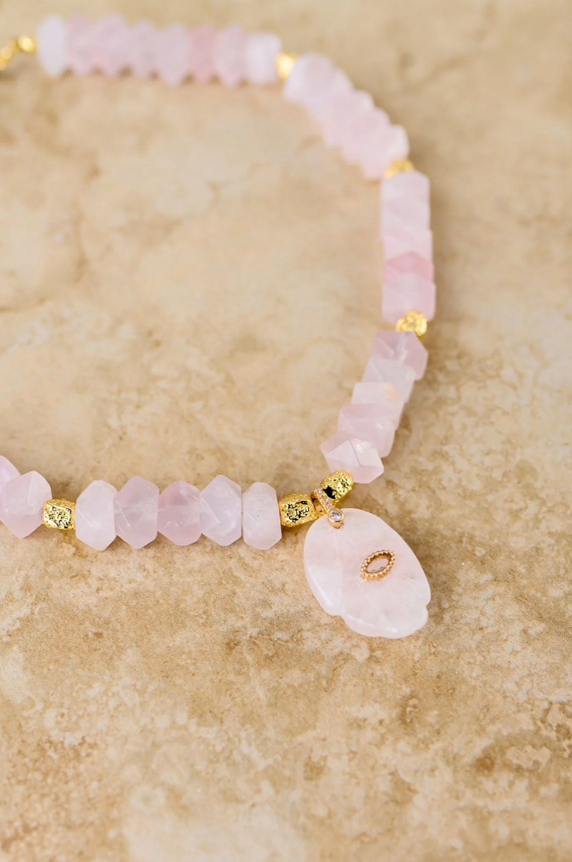 INDIGO & WOLFE : Hamza Gold Rose Quartz Necklace