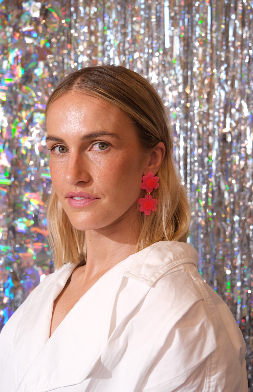 EMELDO : Jolene Double Flower Earrings - Neon Pink