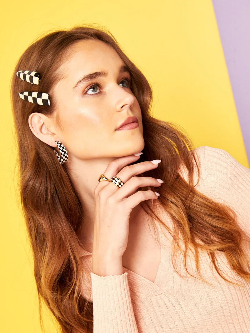 LUSTRE & SAGE: Checkered Black & White Hoop - Earrings