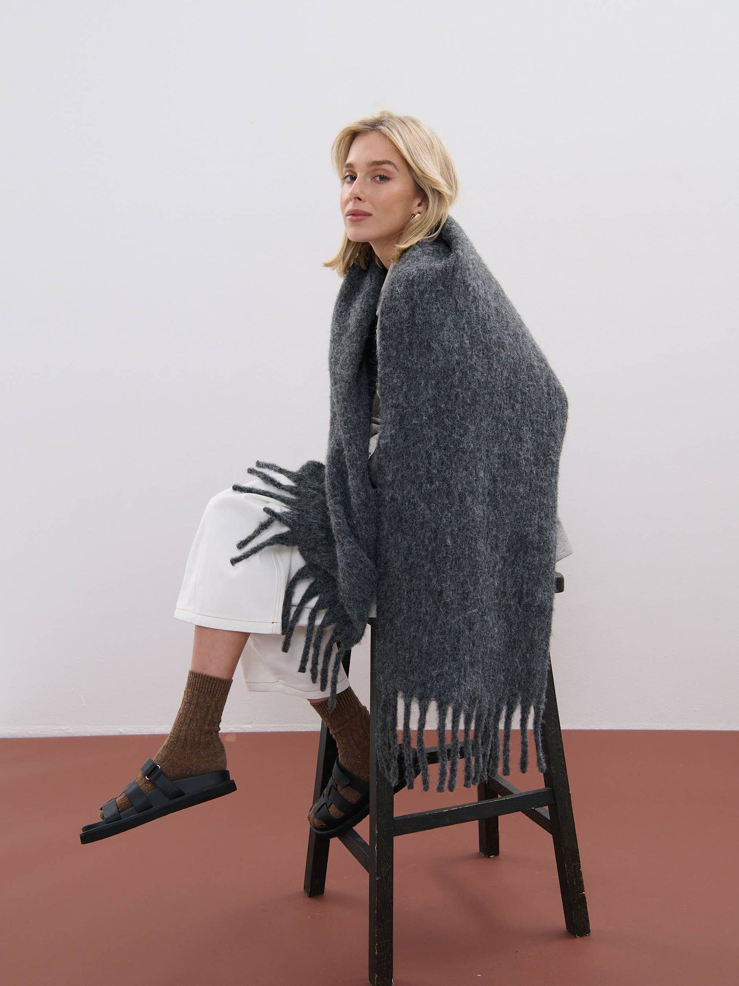 ANGELS WHISPER : Betty Wool Plain Winter Fluffy Scarf - Charcoal
