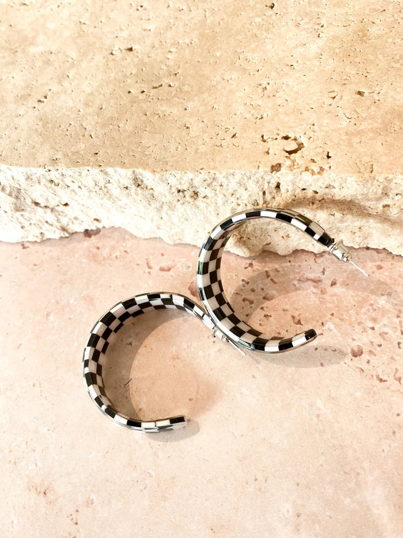 LUSTRE & SAGE: Checkered Black & White Hoop - Earrings