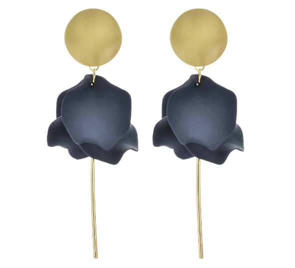 GREENWOOD DESIGNS: Olivia Matte Gold and Navy Flower Petal Dangle - Earrings