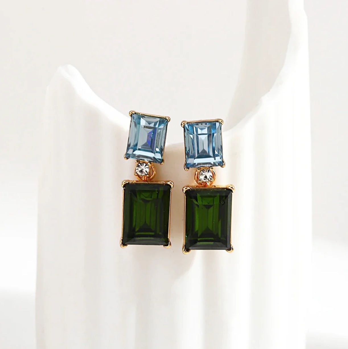 GREENWOOD DESIGNS : Blue And Green Emerald Cut Crystal Dangle Earring - Earrings
