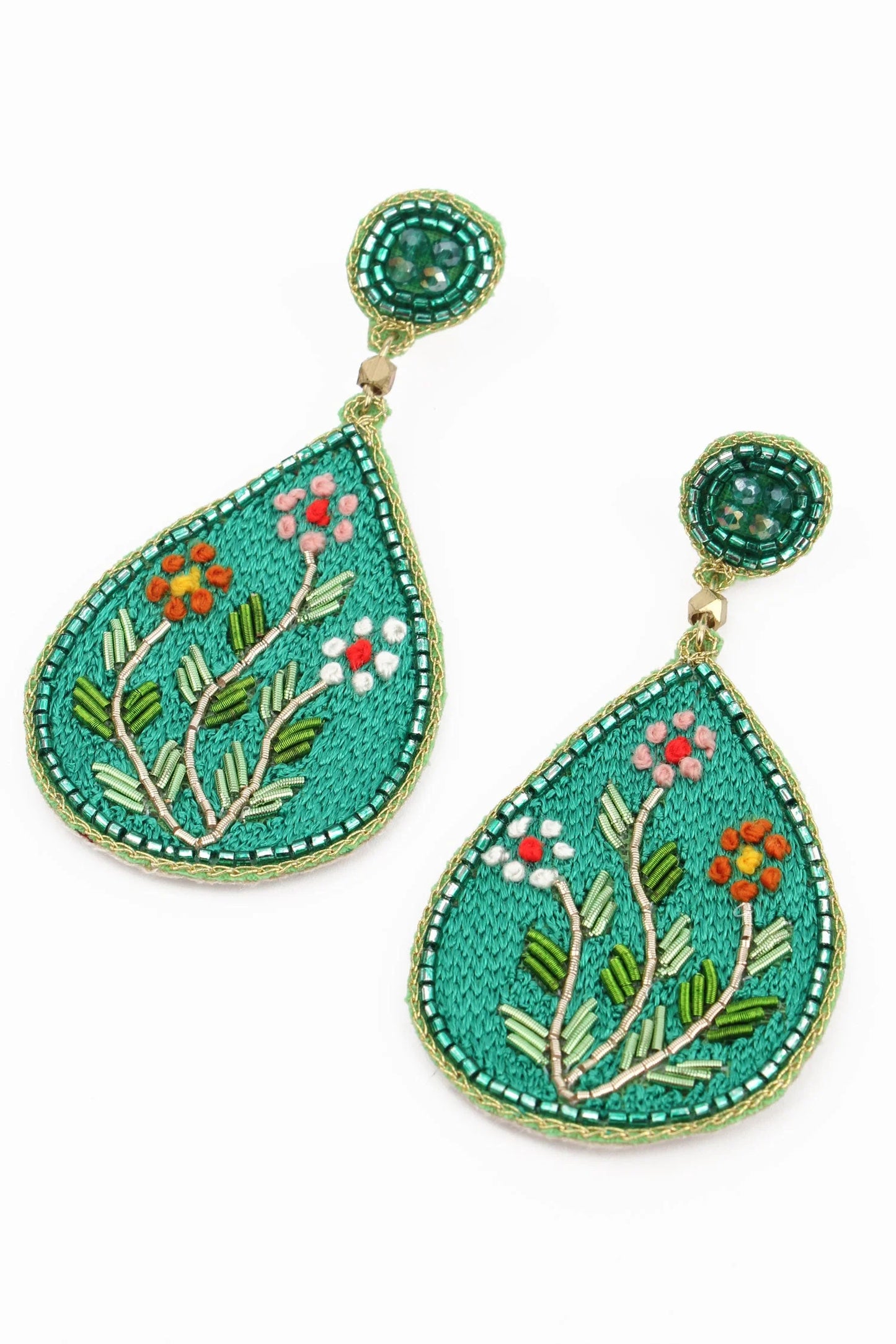MY DORIS : Green Embroidered Folk Floral - Earrings