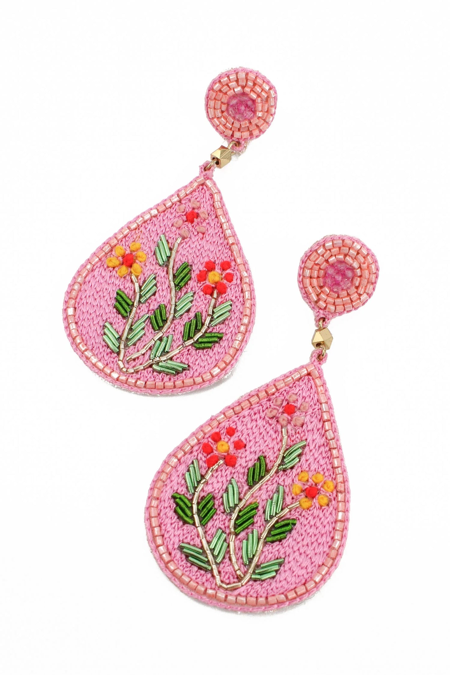 MY DORIS : Pink Embroidered Folk Floral - Earrings