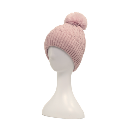 TAYLOR HILL : Dusty Pink Cable Rib Knit - Pom-pom Beanie
