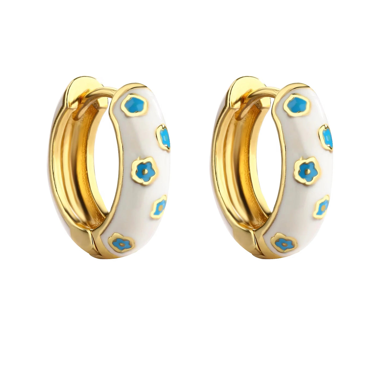 GREENWOOD DESIGNS : White Gold Hoop Earrings W/ Blue Flower - Earrings