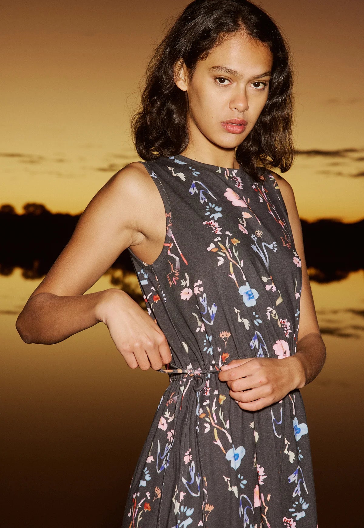 NANCYBIRD : Lidia Tie Dress - Watercolour Charcoal
