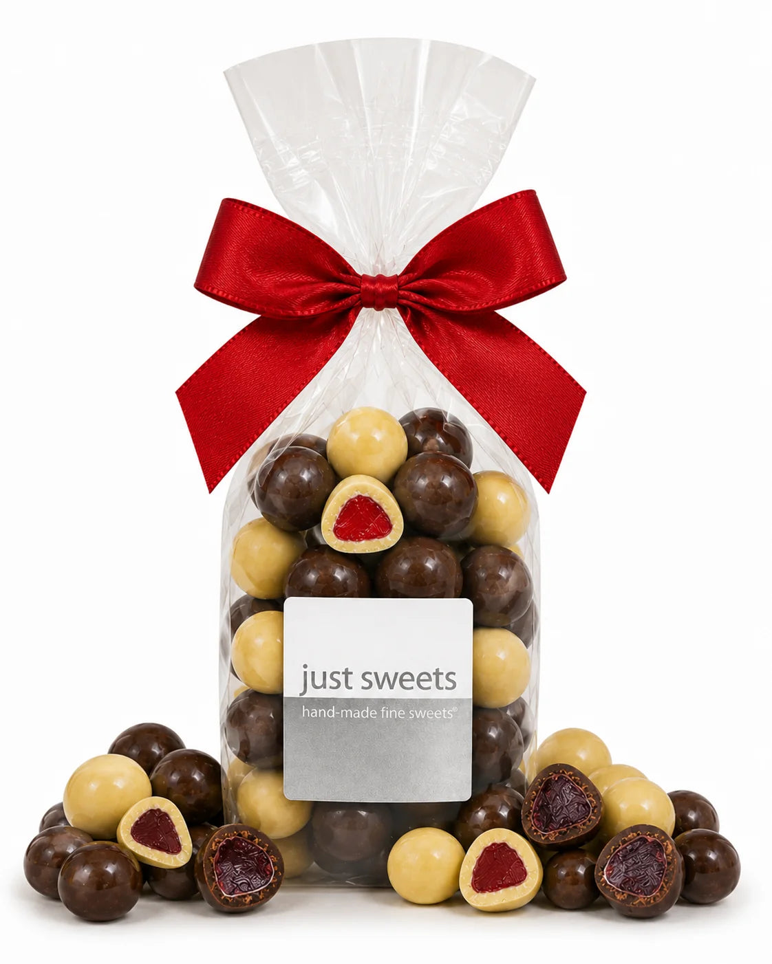 JUST SWEETS: Milk, White & Dark Premium Chocolate Coated Raspberries- 350g Bag