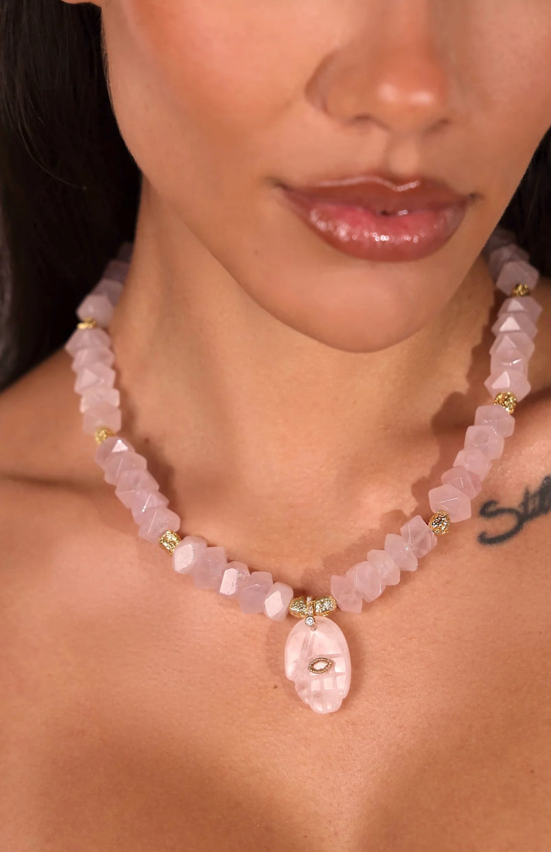 INDIGO & WOLFE : Hamza Gold Rose Quartz Necklace