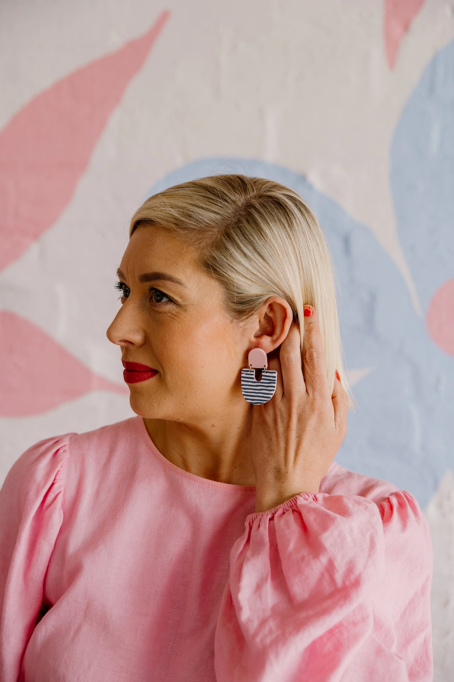 PINK NADE: Moops Pink/Grey Stripe Dangle - Earrings