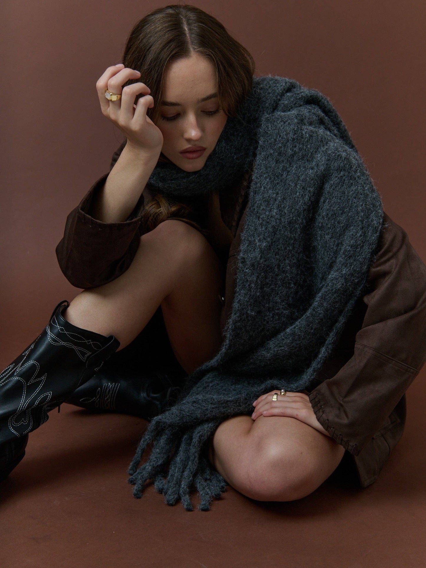 ANGELS WHISPER : Betty Wool Plain Winter Fluffy Scarf - Charcoal