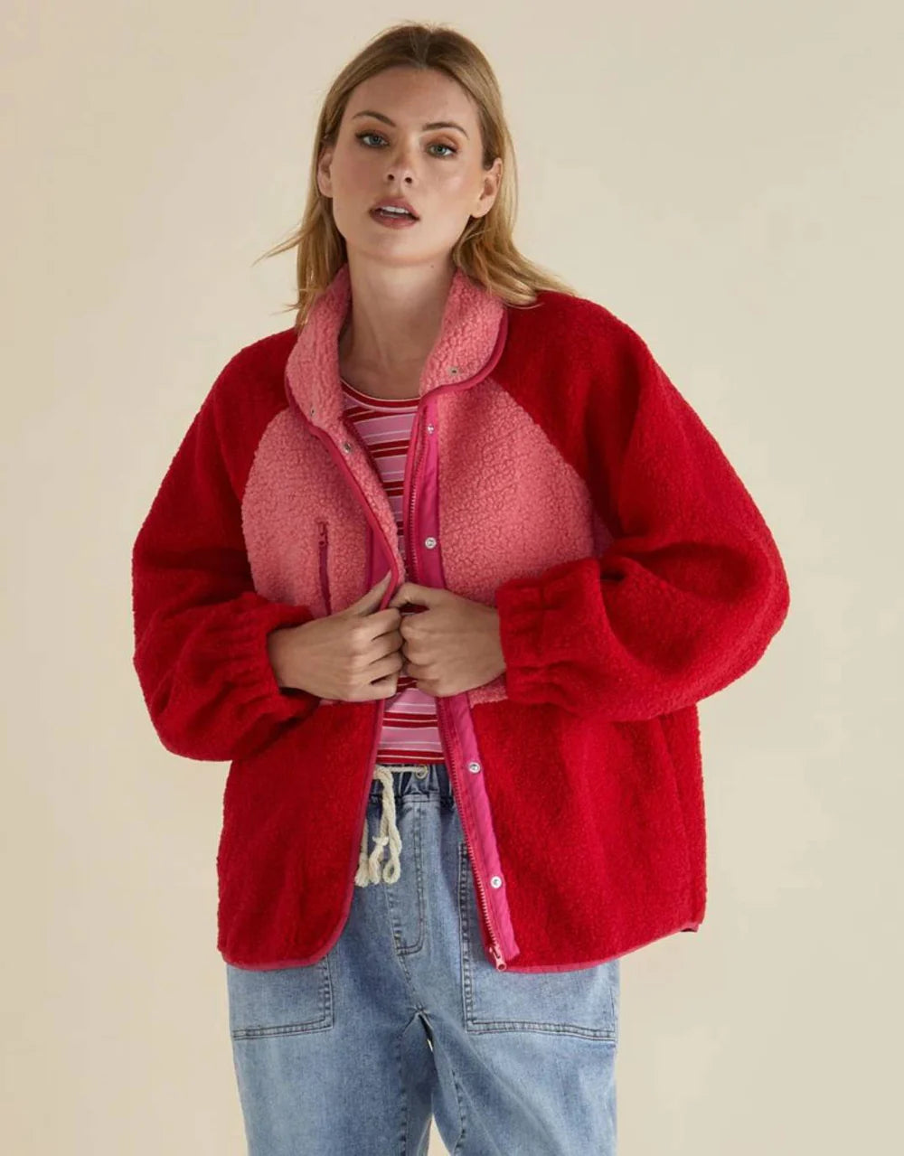 BETTY BASICS : Franklin Fleece Pink/Red - Jacket
