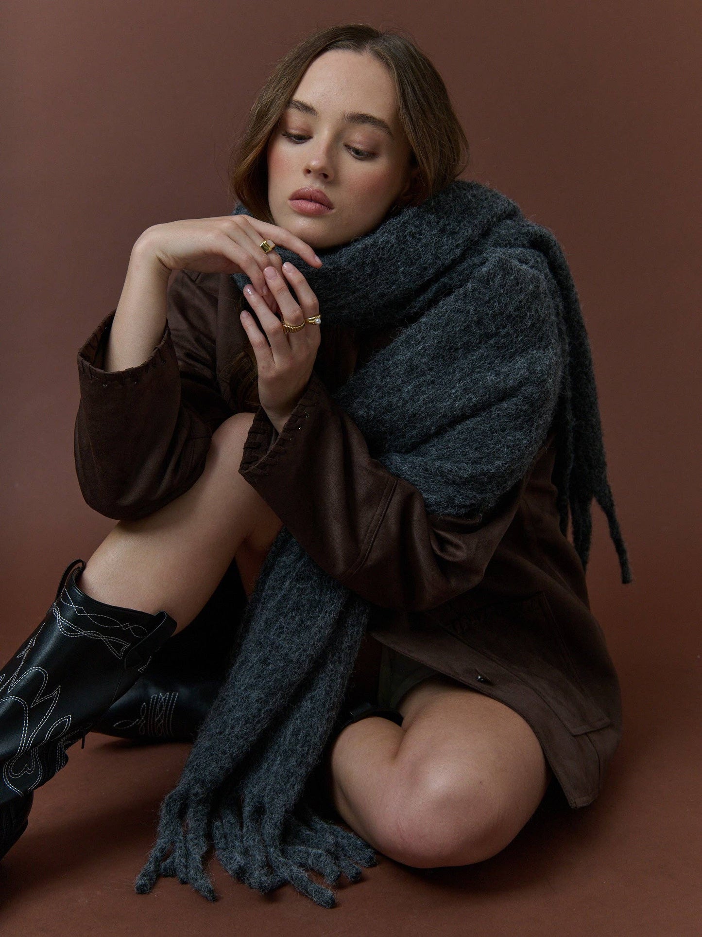 ANGELS WHISPER : Betty Wool Plain Winter Fluffy Scarf - Charcoal