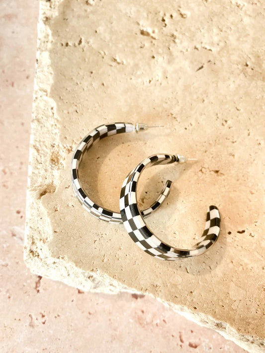 LUSTRE & SAGE: Checkered Black & White Hoop - Earrings