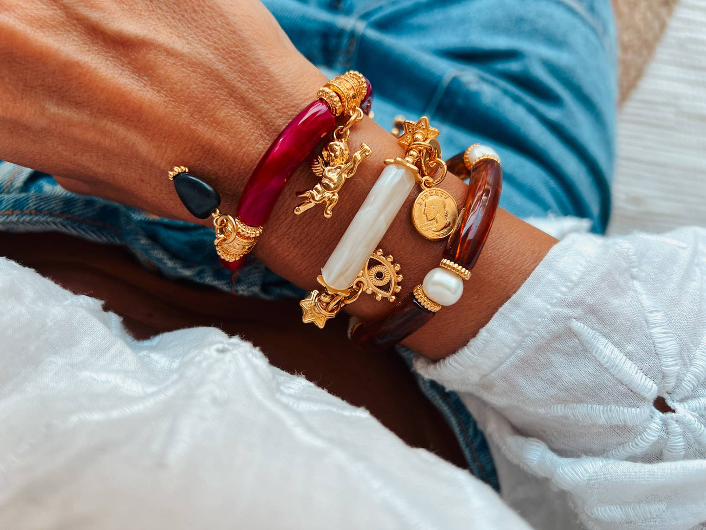 GOUPI : Red and Gold Charm Beaded Bracelets