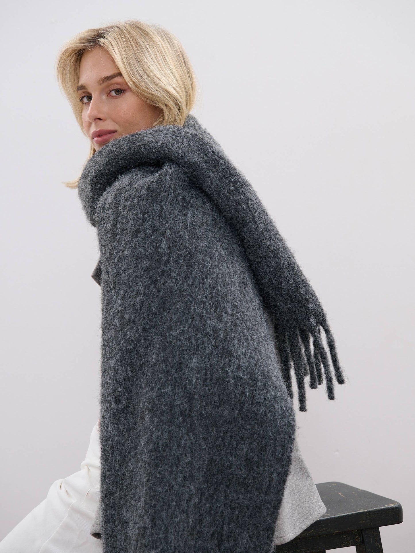 ANGELS WHISPER : Betty Wool Plain Winter Fluffy Scarf - Charcoal