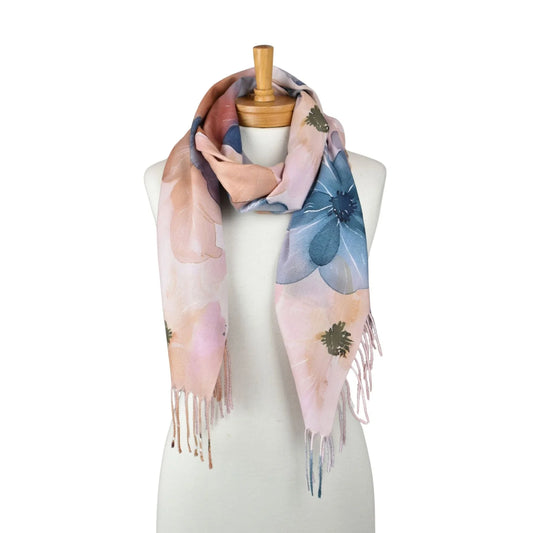 TAYLOR HILL : Watercolour Pink Brown Floral Fringed  - Scarf