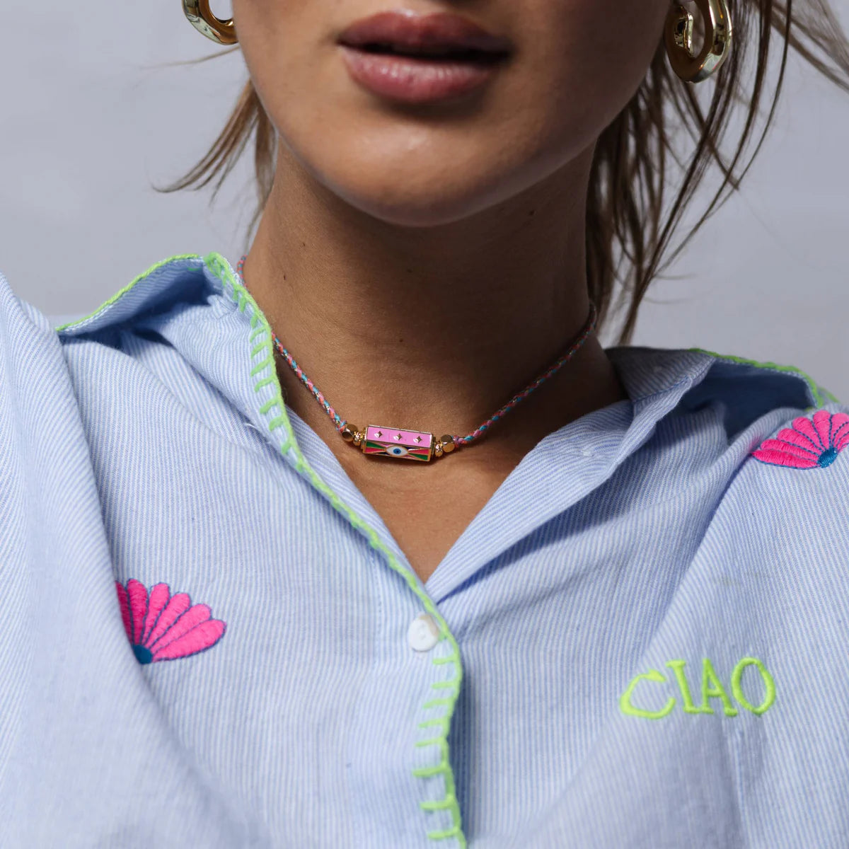 ZODA : Pink, Blue & Gold Cord Eye Necklace