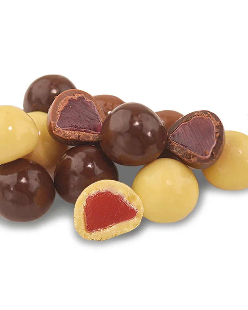 JUST SWEETS: Milk, White & Dark Premium Chocolate Coated Raspberries- 200g Bag