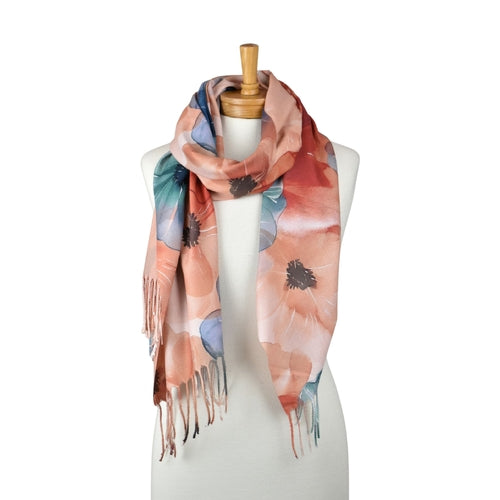TAYLOR HILL : Watercolour Floral Fringed Brown Teal - Scarf