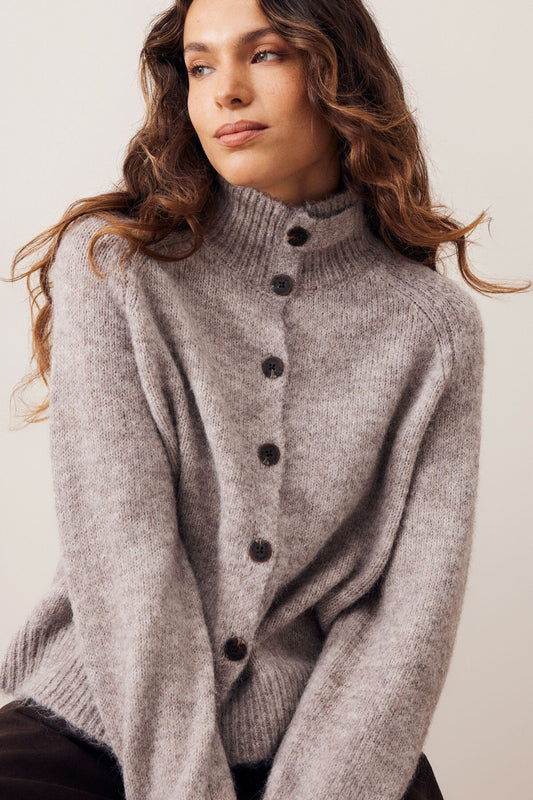 CERES LIFE - Riley Taupe Marle - Funnel Neck Tab - Cardi