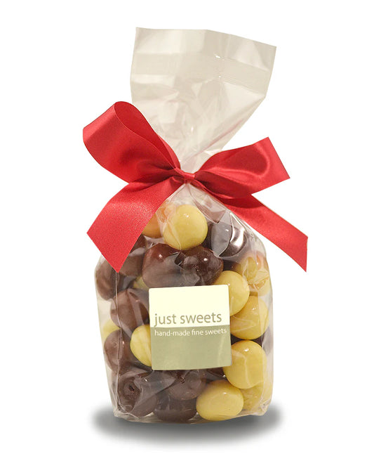 JUST SWEETS: Milk, White & Dark Premium Chocolate Coated Raspberries- 200g Bag