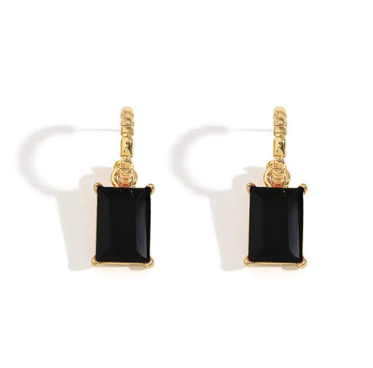 GREENWOOD DESIGNS : Gold Hoop Dangle Earring W/ Black Crystal - Earrings