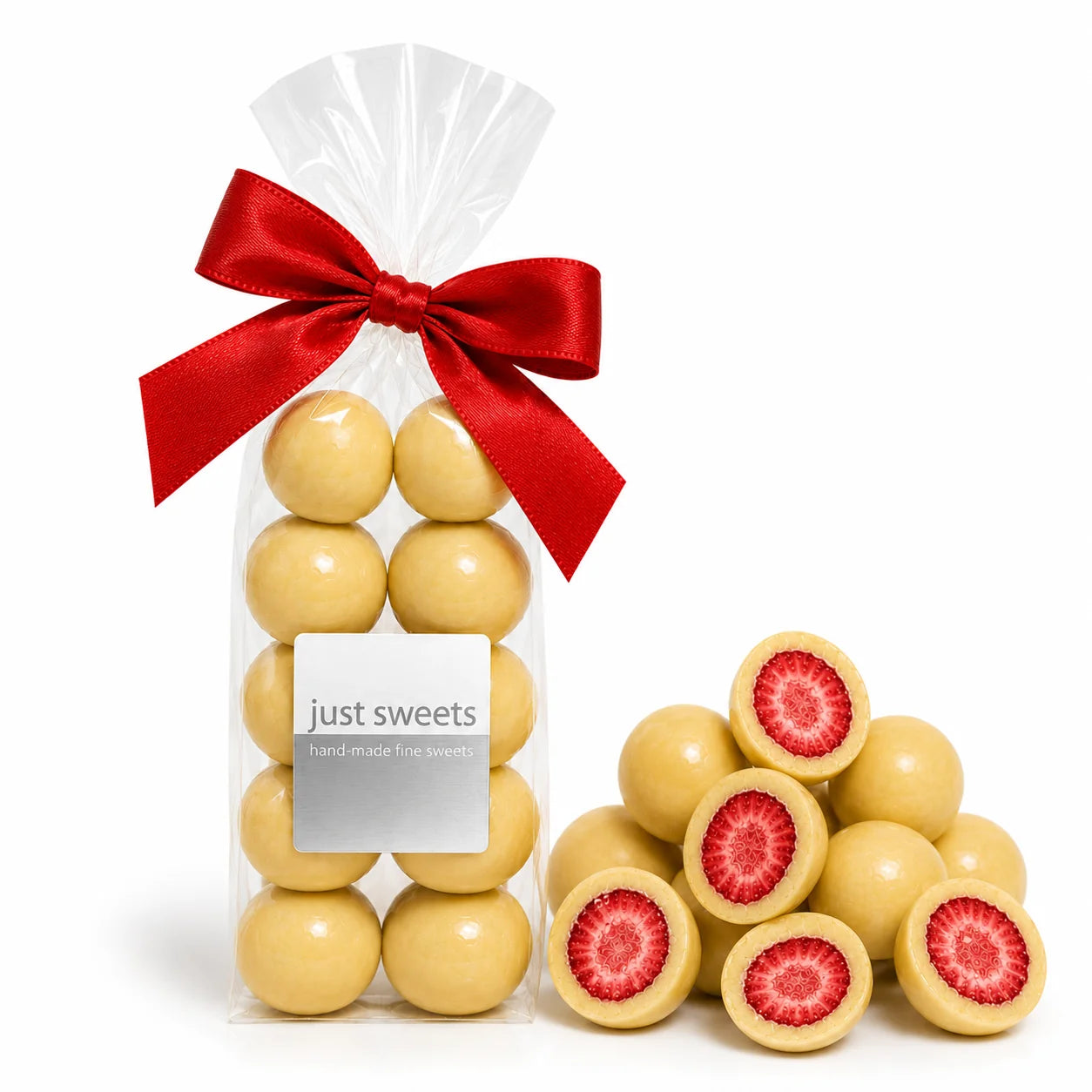 JUST SWEETS: White Chocolate Freeze Dried Strawberries- 150 Bag
