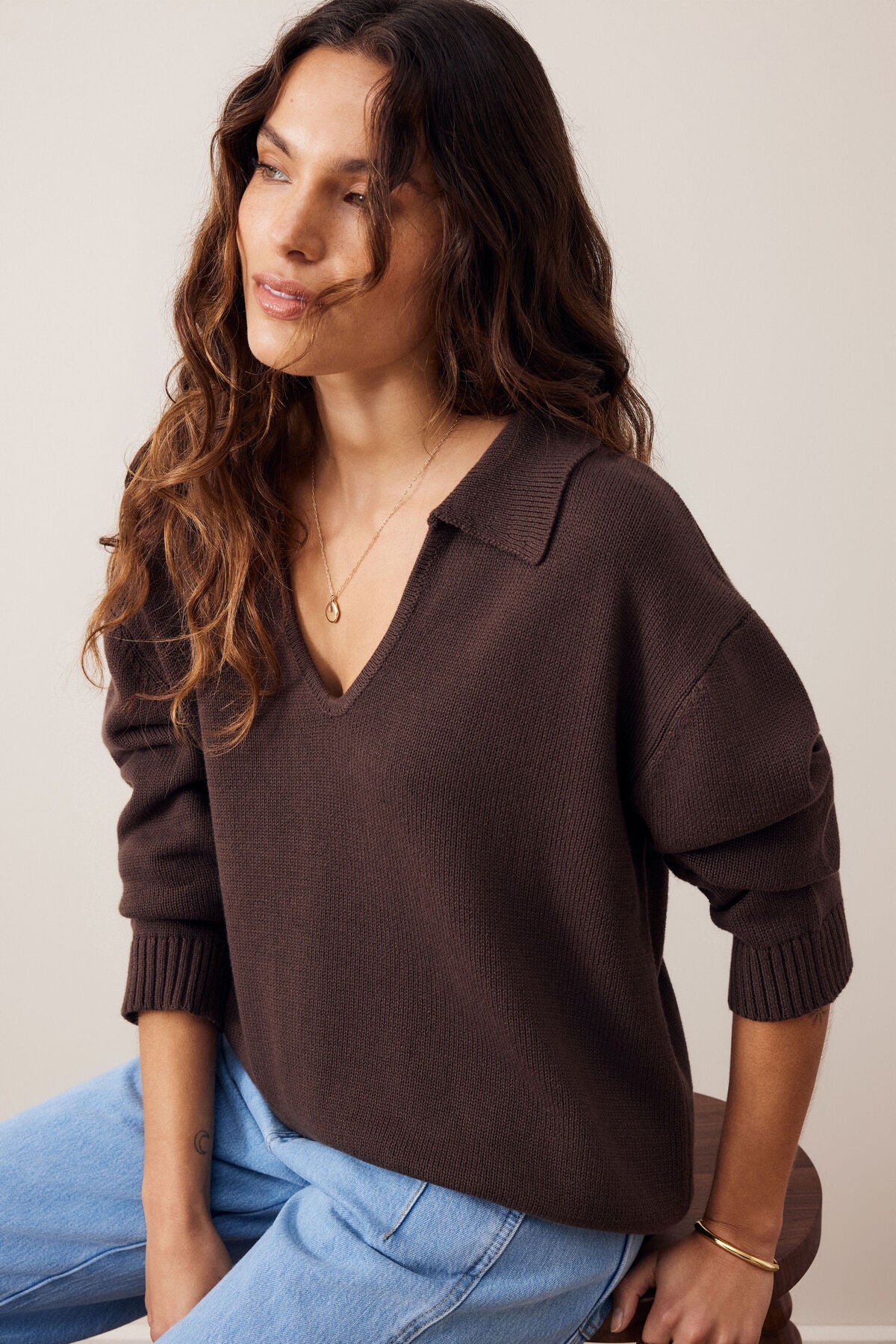 CERES LIFE - Eliza Brunette Brown - Collared Knit