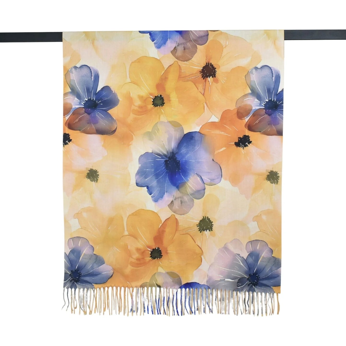 TAYLOR HILL : Watercolour Blue Yellow Floral Fringed  - Scarf