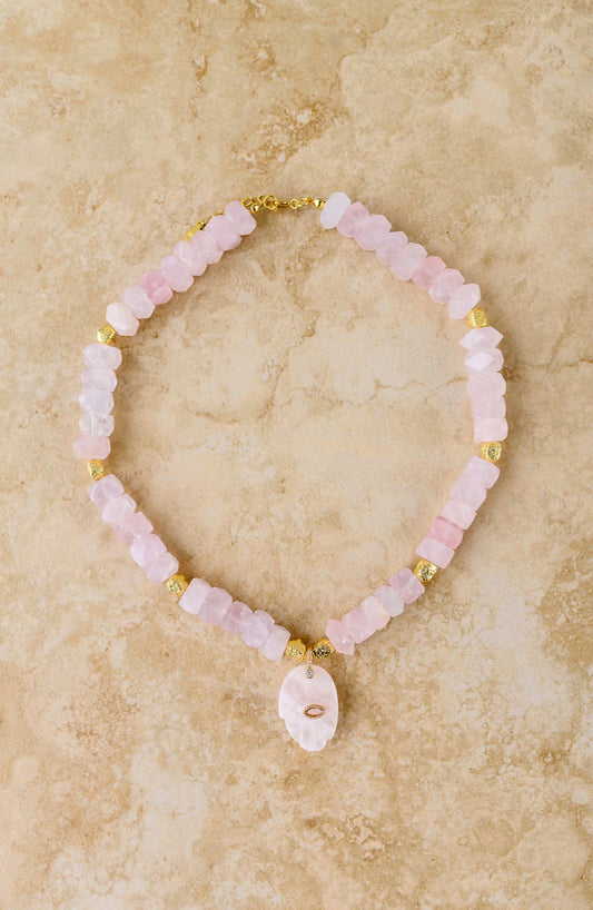 INDIGO & WOLFE : Hamza Gold Rose Quartz Necklace