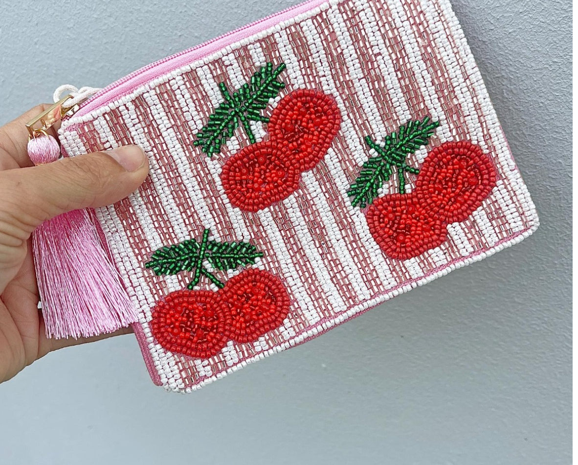 ANNA NOVA : Beaded Pink & White Stripe Pouch W/ Cherries