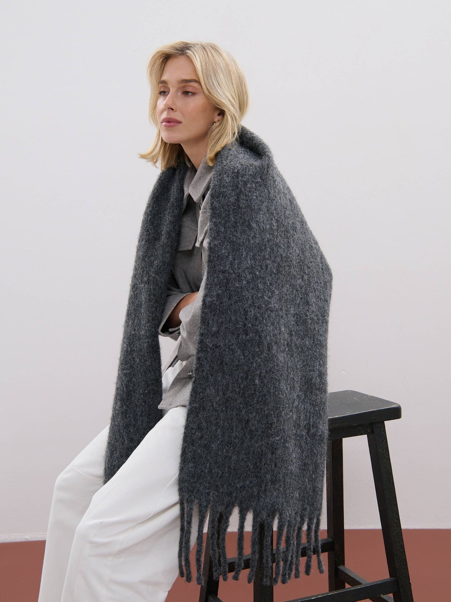 ANGELS WHISPER : Betty Wool Plain Winter Fluffy Scarf - Charcoal