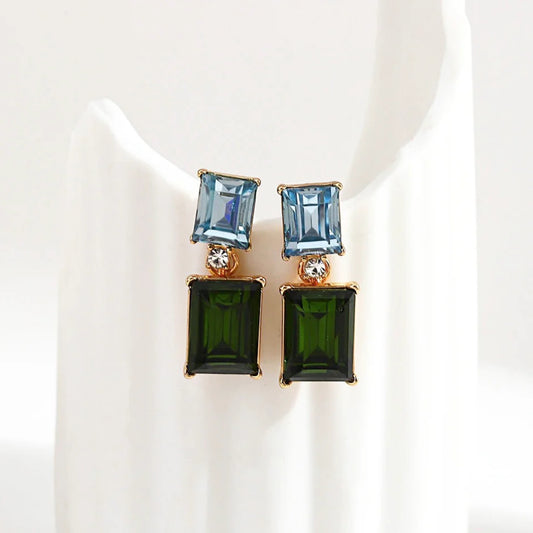 GREENWOOD DESIGNS : Blue And Green Emerald Cut Crystal Dangle Earring - Earrings