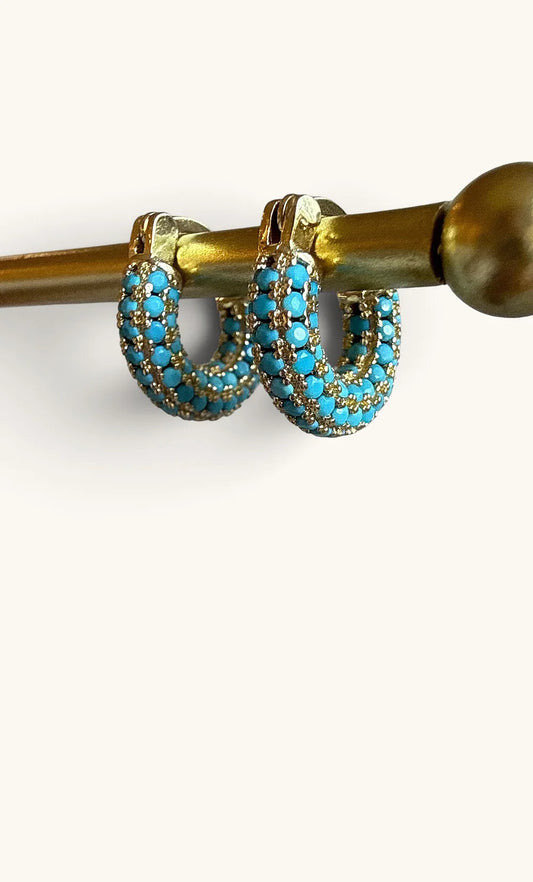 TUNIK :  Turquoise Zirconia Stone Dome - Huggie Earrings