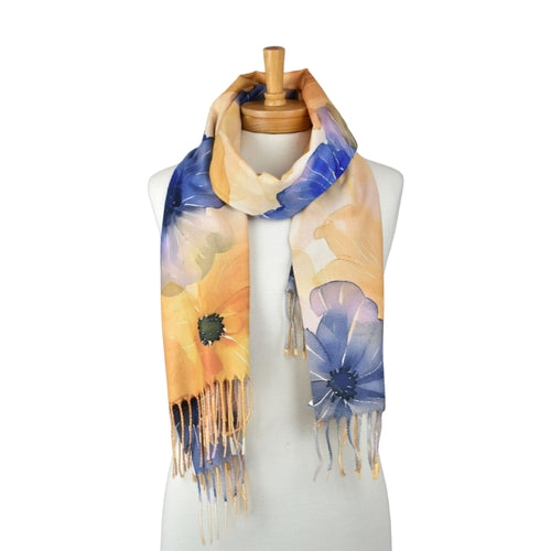 TAYLOR HILL : Watercolour Blue Yellow Floral Fringed  - Scarf