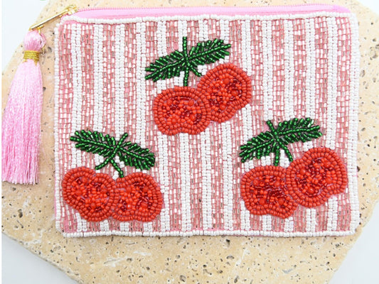 ANNA NOVA : Beaded Pink & White Stripe Pouch W/ Cherries
