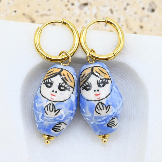 ANNA NOVA : Ceramic Blue Babushka Doll - Earrings