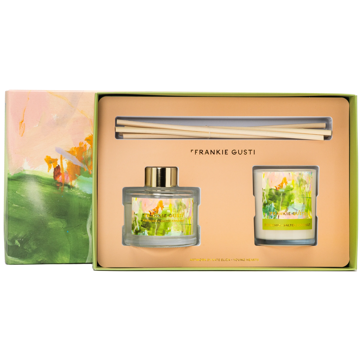 FRANKIE GUSTI : Artist Series Duo Diffuser & Candle - PISTACHIO + SALTED COCONUT