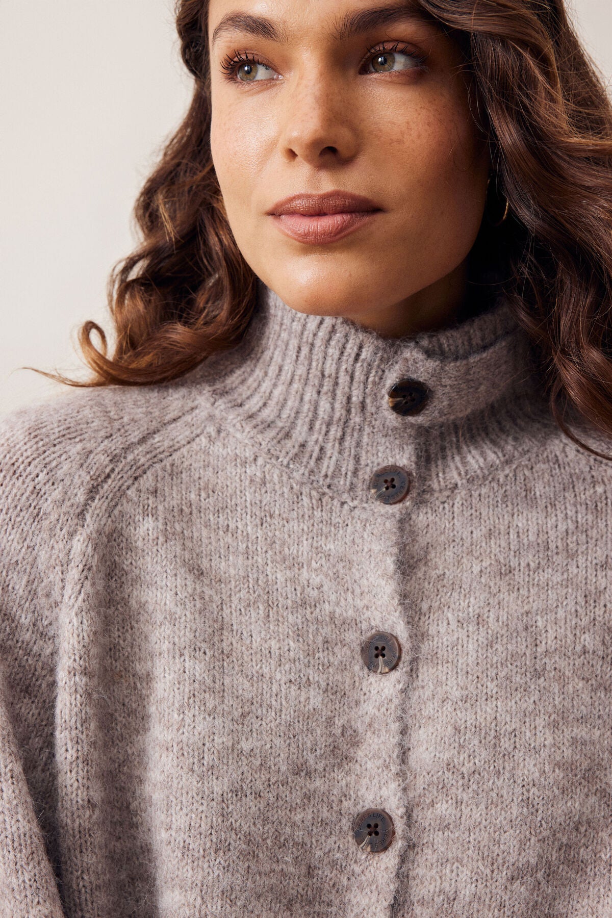 CERES LIFE - Riley Taupe Marle - Funnel Neck Tab - Cardi