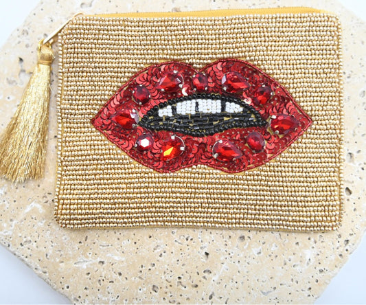 ANNA NOVA : Beaded Gold Pouch W/ Red Lips