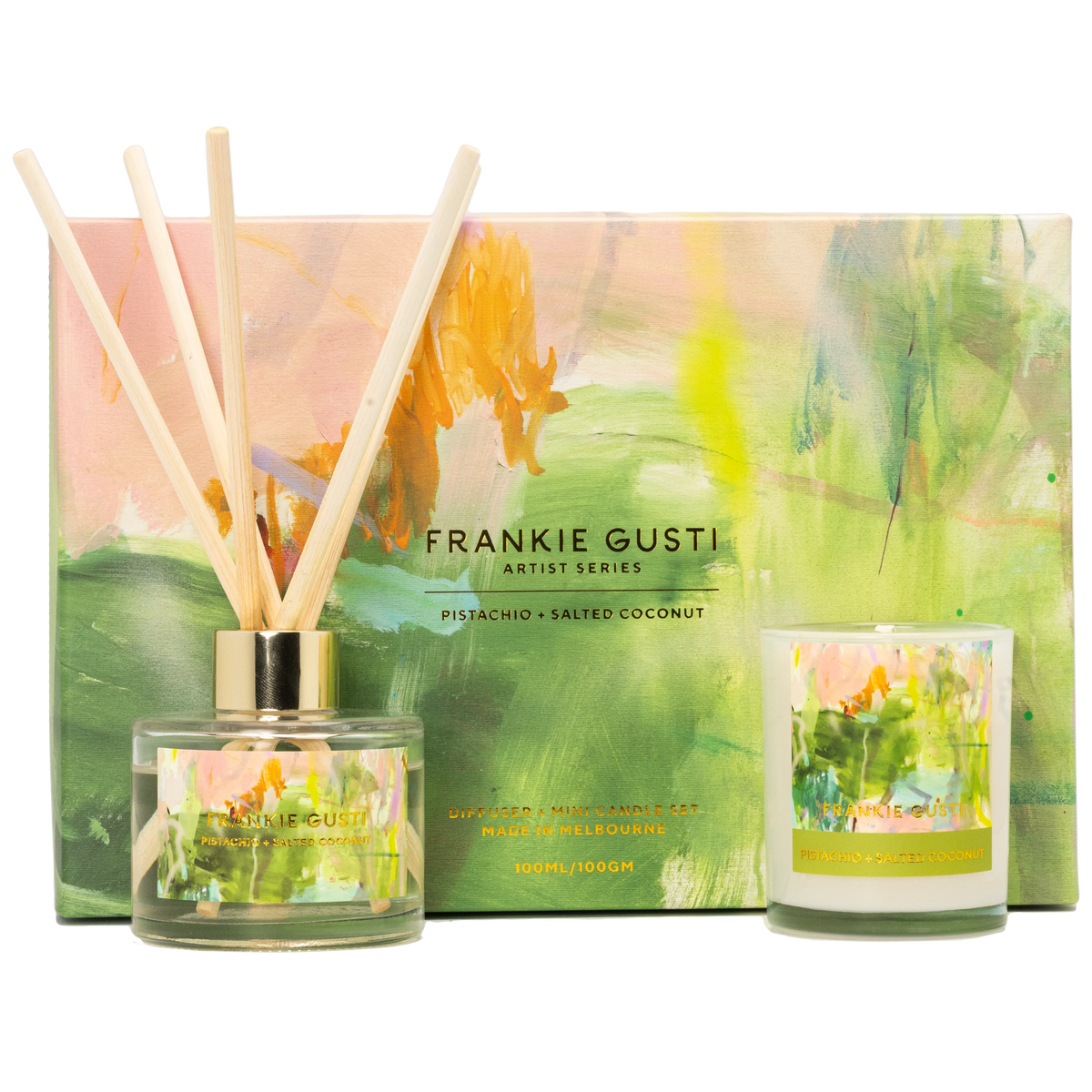 FRANKIE GUSTI : Artist Series Duo Diffuser & Candle - PISTACHIO + SALTED COCONUT
