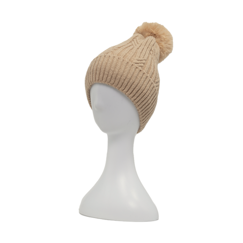 TAYLOR HILL : Camel Cable Rib Knit - Pom-pom Beanie