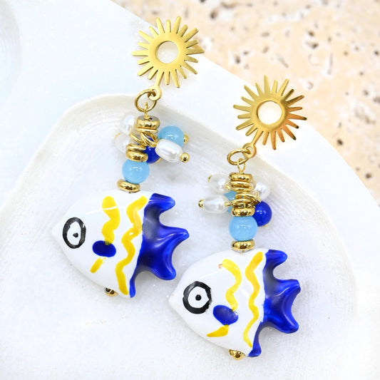ANNA NOVA : Ceramic Blue Fish Dangle - Earrings