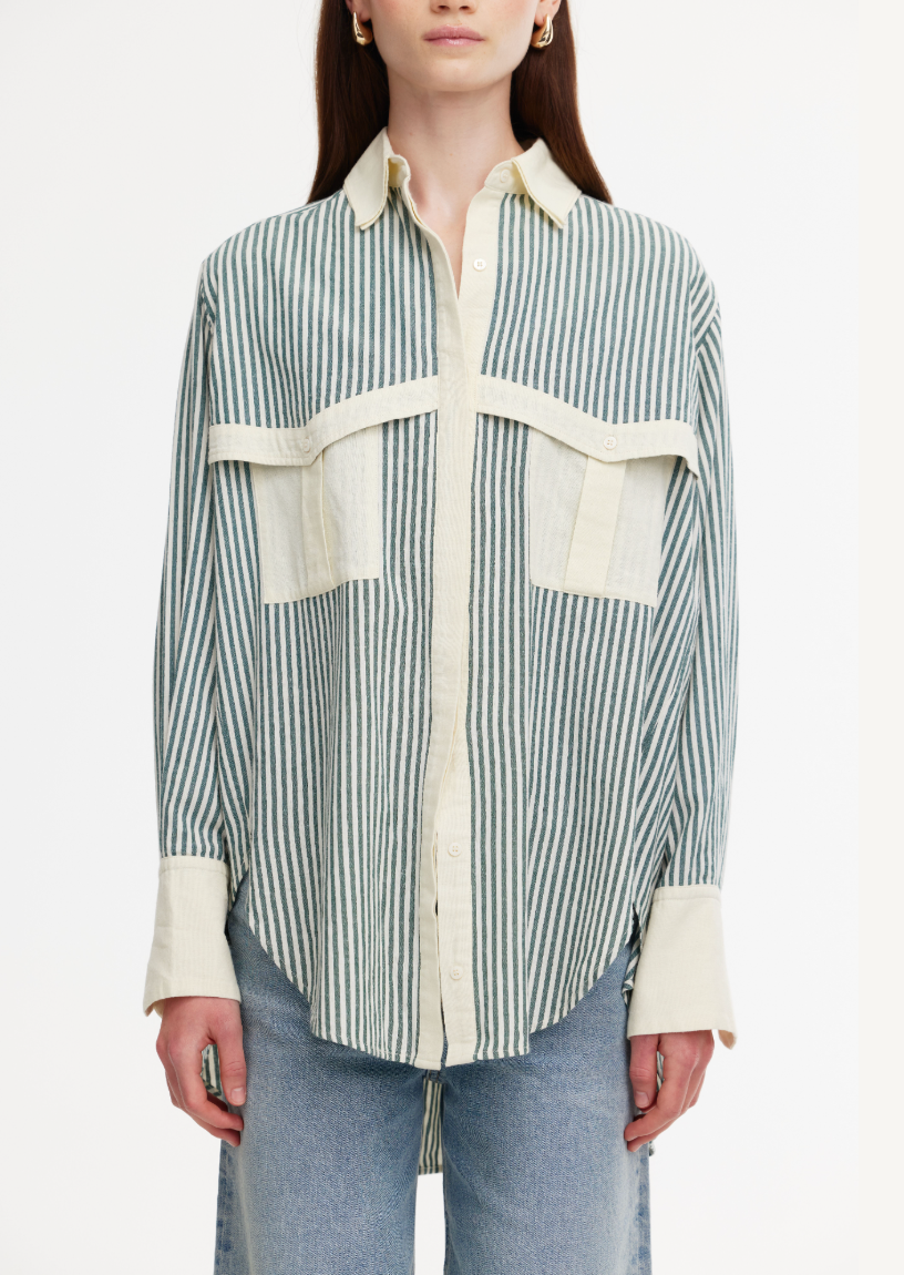 KINNEY : Ruby Green/Stone Striped - Shirt