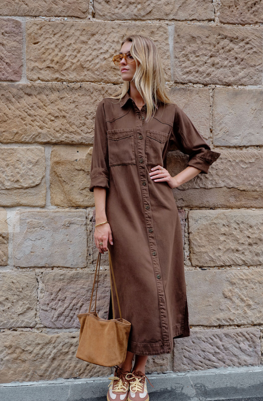 CERES LIFE - Rae Long Sleeve Midi Dress - Chocolate