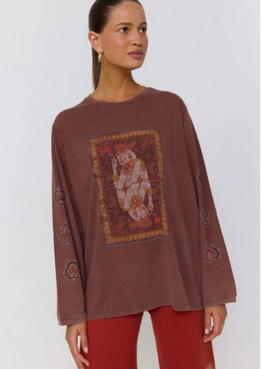 NINE LIVES BAZAAR- Queen Of Hearts Long Sleeve Tee - Walnut